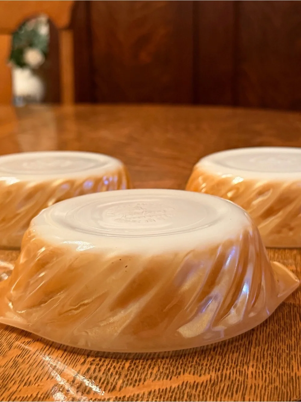 Vintage Anchor Hocking Fire-King Peach Lustre Swirl Bowls Set of 3 MCM
